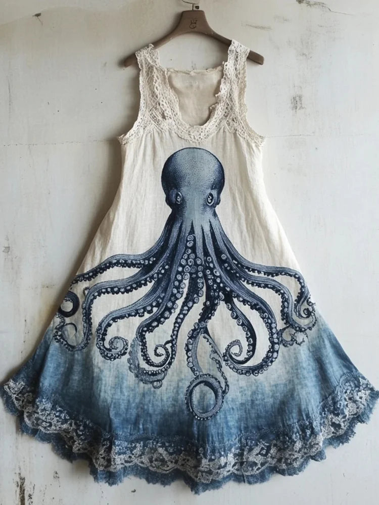 Octopus Pattern Lace Patchwork Linen Blend Dress