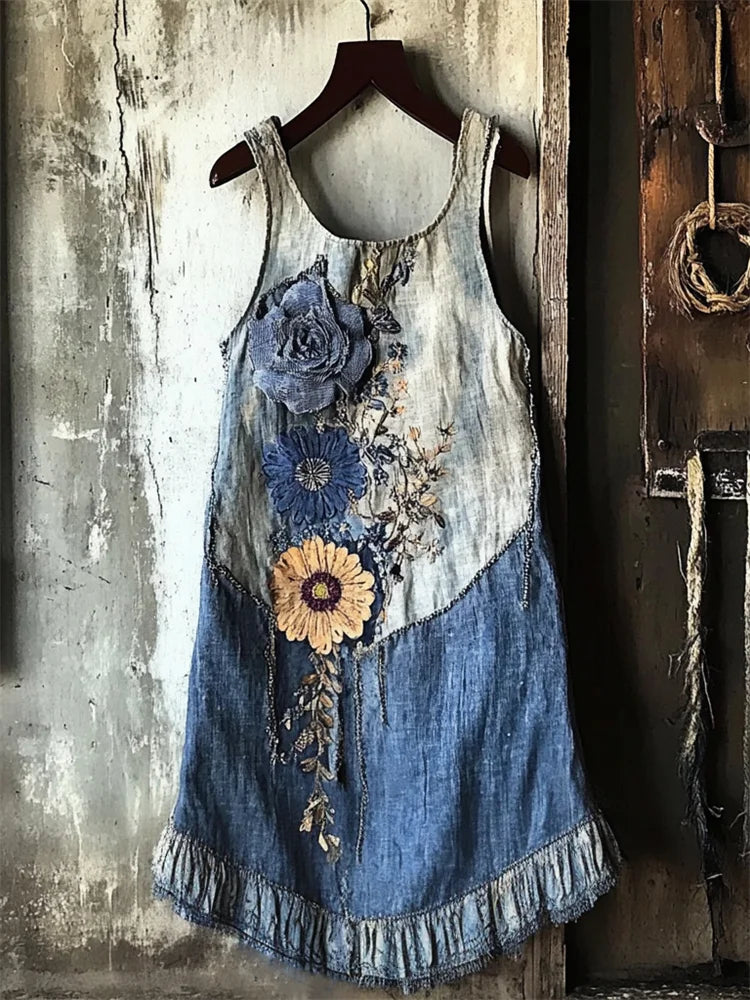Flowers Washed Denim Textile Patchwork Tank Dress