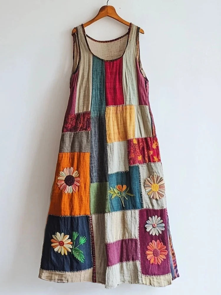 Vintage Floral Embroidered Patchwork Linen Blend Dress
