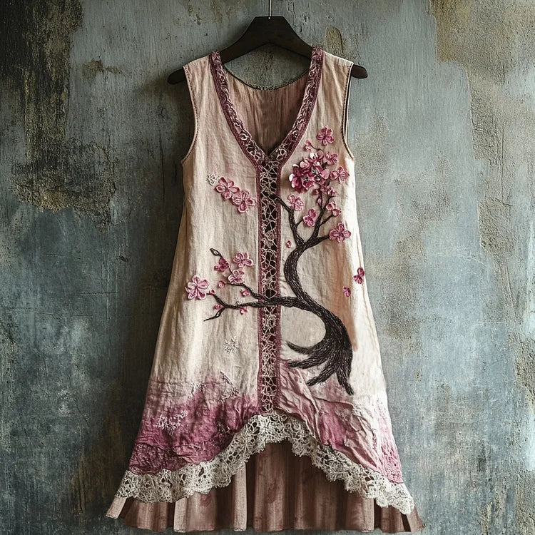 Women's Cherry Blossom Embroidery Lace Patchwork Art Linen Tank Dress