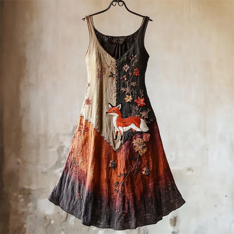 Vintage Fox Floral Embroidered Gradient Patchwork Linen Dress
