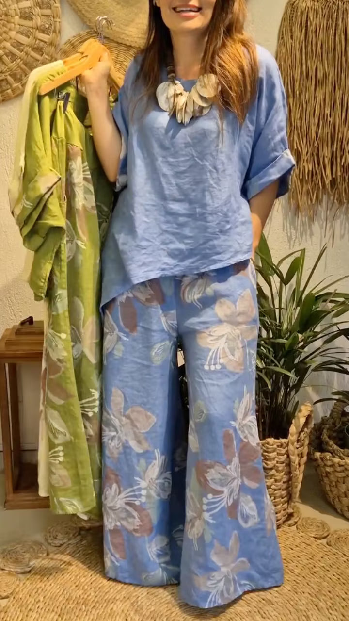 Round Neck Printed Loose Cotton And Linen Suit