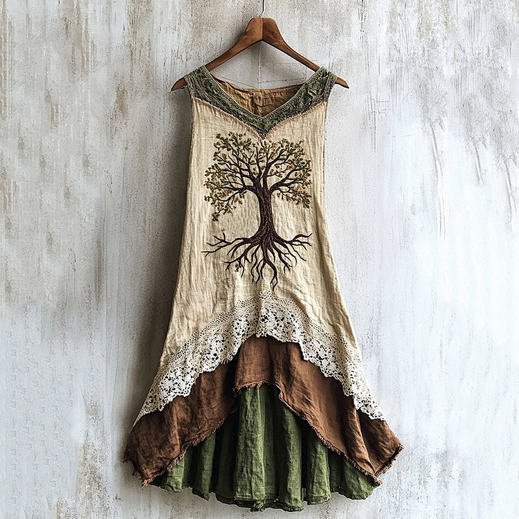 Viking Celtic Tree Of Life Lace Art Patchwork Linen Tank Dress