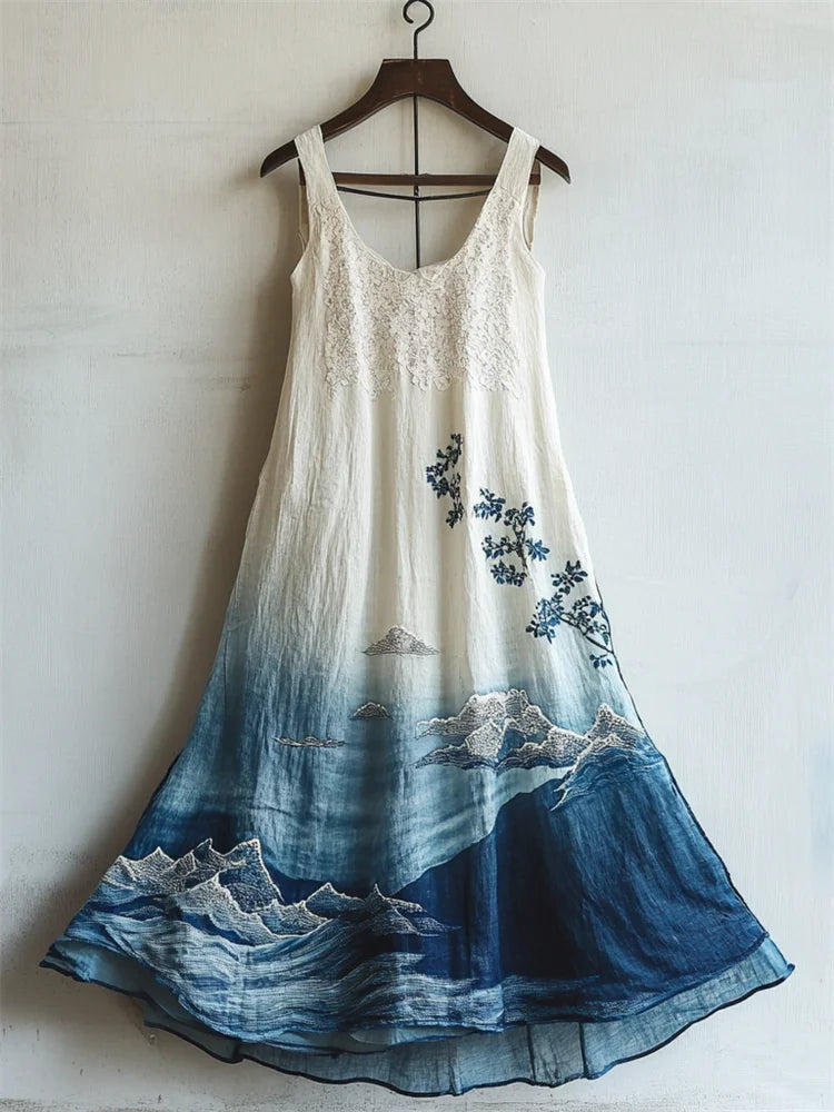 Japanese Sea Waves Ink Art Lace Patchwork Linen Dress