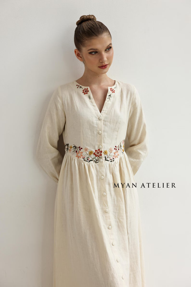 Floral hand-embroidered linen maxi dress