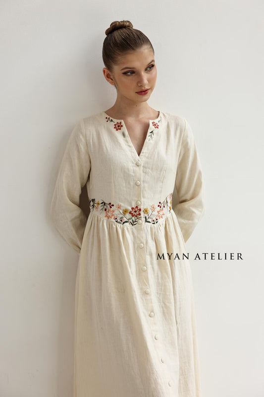 Floral hand-embroidered linen maxi dress
