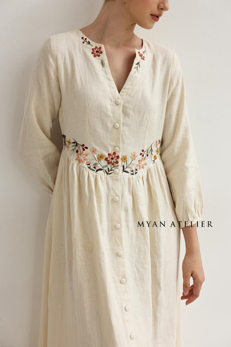 Floral hand-embroidered linen maxi dress