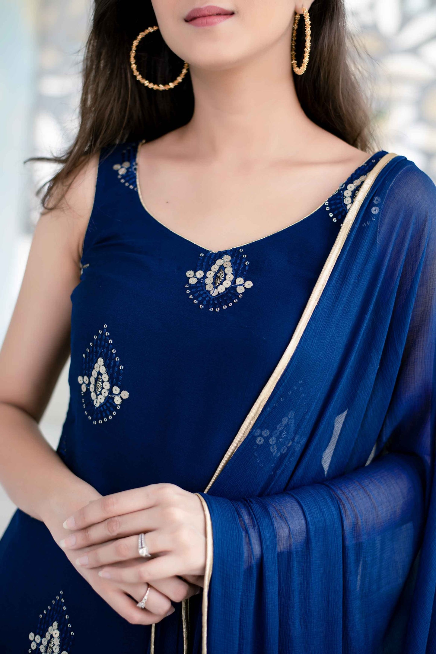 Deep Blue Georgette Round Neck Kurta Set (3-Piece Set)