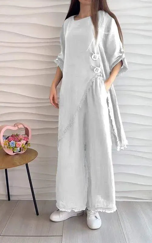Stunning Cotton and Linen Round Neck Two-piece Suit