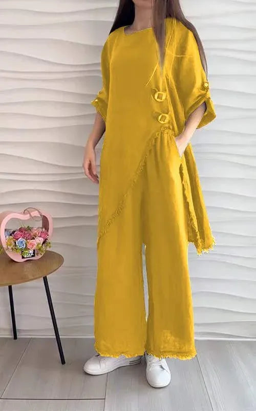 Stunning Cotton and Linen Round Neck Two-piece Suit