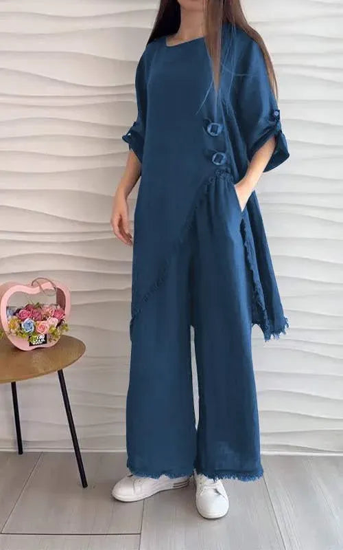 Stunning Cotton and Linen Round Neck Two-piece Suit