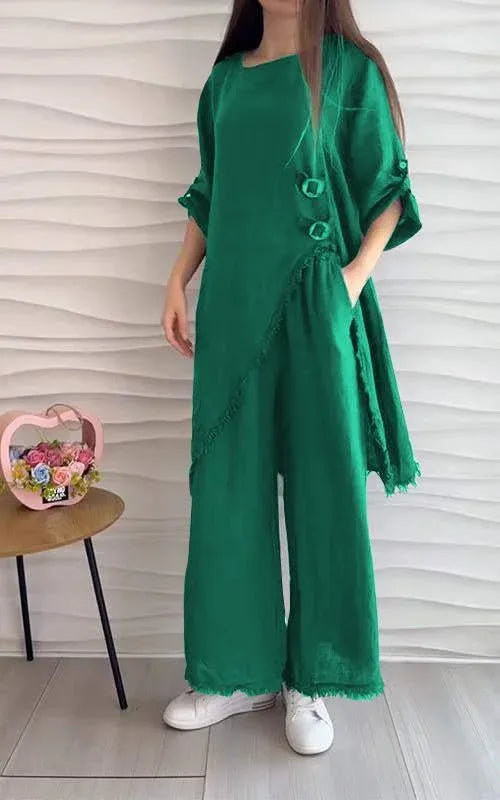 Stunning Cotton and Linen Round Neck Two-piece Suit