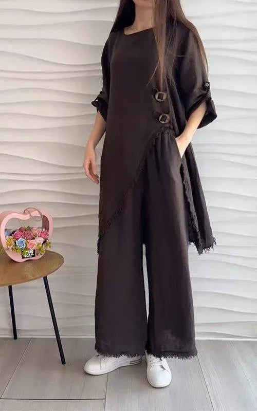 Stunning Cotton and Linen Round Neck Two-piece Suit