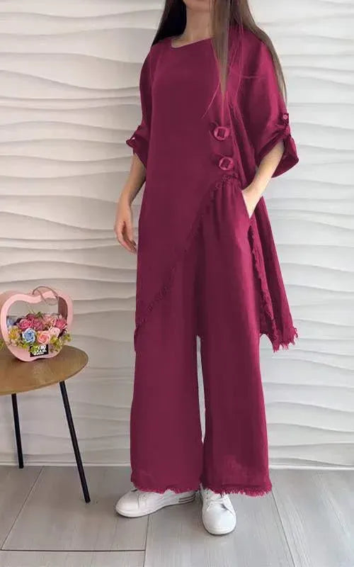 Stunning Cotton and Linen Round Neck Two-piece Suit