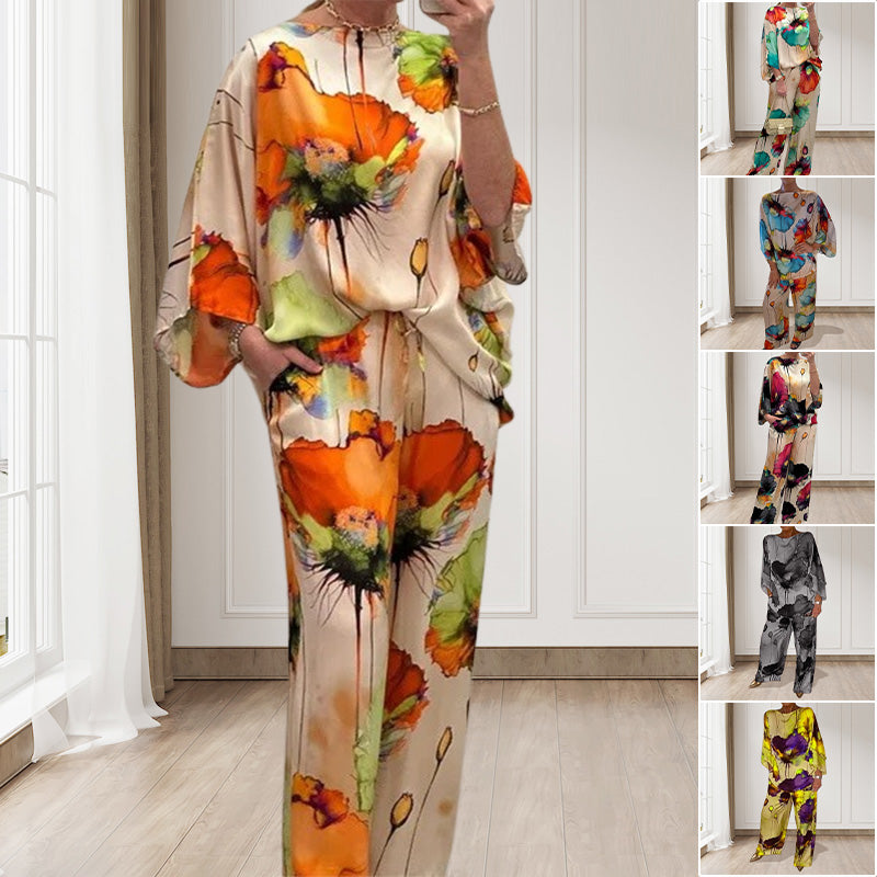 Watercolor Floral Print Loose 2-Piece Suit