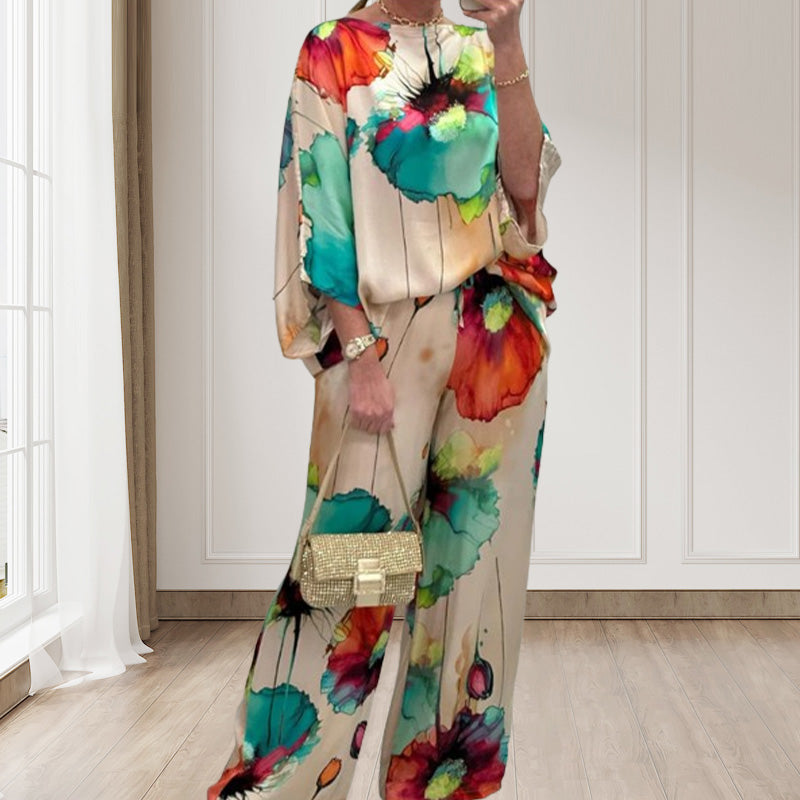 Watercolor Floral Print Loose 2-Piece Suit