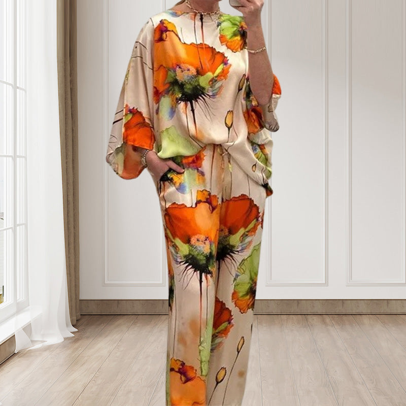 Watercolor Floral Print Loose 2-Piece Suit