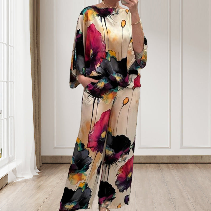 Watercolor Floral Print Loose 2-Piece Suit