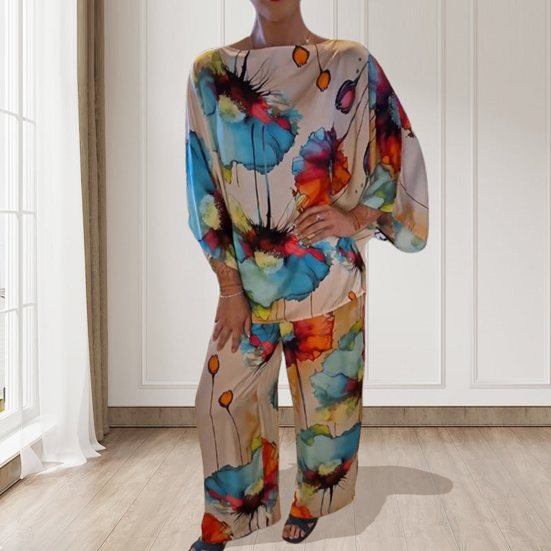 Watercolor Floral Print Loose 2-Piece Suit