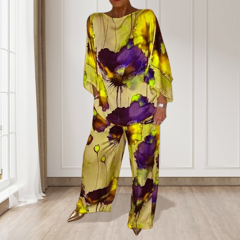 Watercolor Floral Print Loose 2-Piece Suit