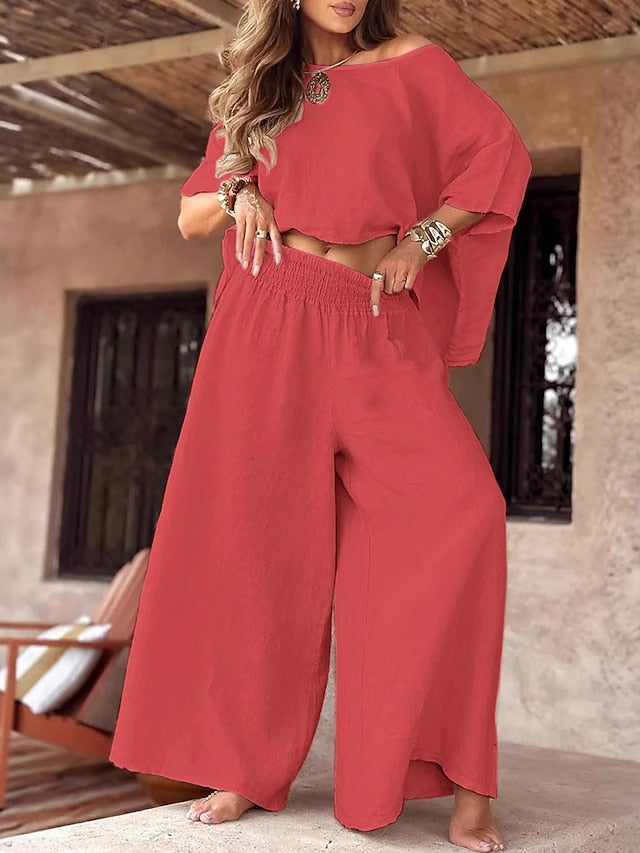 Linen Cotton Half Sleeve Crew Neck Solid Wear