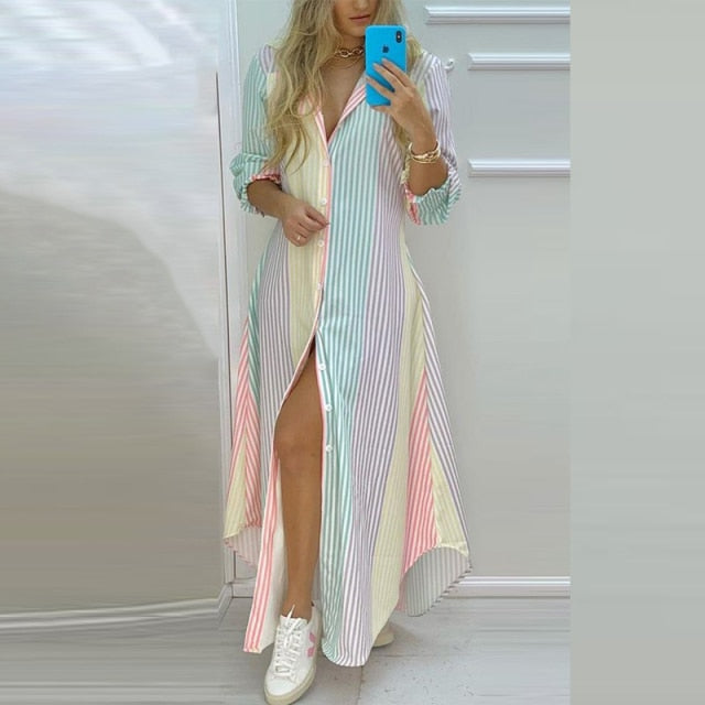 Boho Dress  Autumn Single Breasted Button Irregular Long Dress