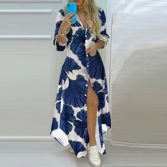 Boho Dress  Autumn Single Breasted Button Irregular Long Dress